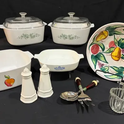 Vintage Kitchenware Lot – Corning Ware, Ironstone, Serving Pieces & Glassware