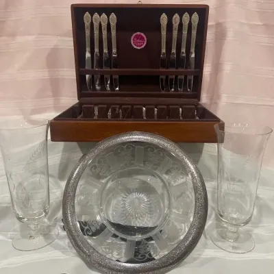 40-Piece Silverware Set in Wooden Storage Chest with Etched Glass Serving Pieces
