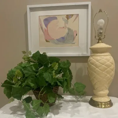 Framed Abstract Artwork & Cream Ceramic Table Lamp
