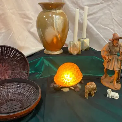 Eclectic Decorative Collection with Art Glass Turtle Lamp, Large Vase & Figurines