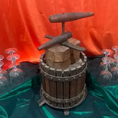 Vintage Wooden Wine/Fruit Press with Set of 8 Stemmed Wine Glasses