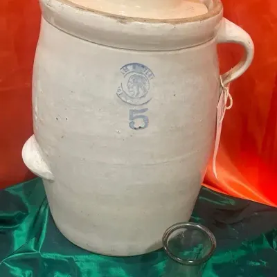 Antique 5-Gallon Stoneware Crock with Dasher & Vintage Glass Bottle