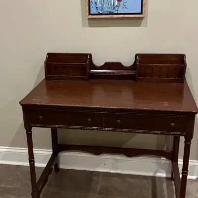 Vintage Mahogany Writing/Ladies Desk and a Small Floral Oil Painting