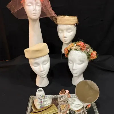 Vintage Ladies’ Hat & Vanity Lot – Revlon Grooming Set, Coach Perfume, Hand Mirror & Accessories