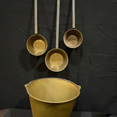 Antique/Vintage Brass Hearth Lot – Patented Bucket & 3 Long-Handled Dippers
