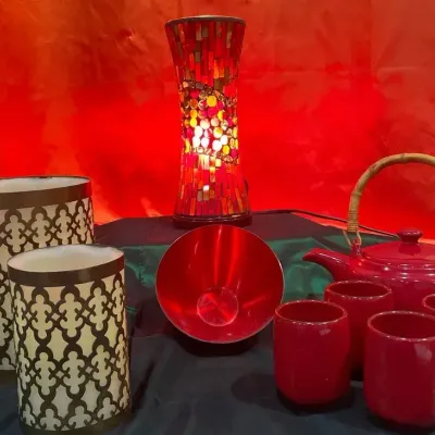 Red Mosaic Accent Lamp, Tea Set & Decorative Candle Holder Lot