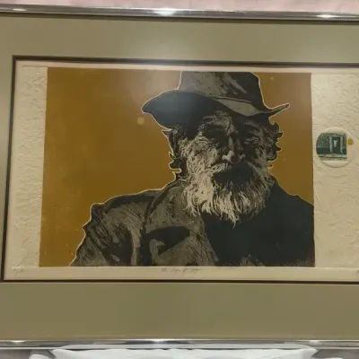 Framed Signed Art Print of Bearded Man in Hat – Mid-Century Style