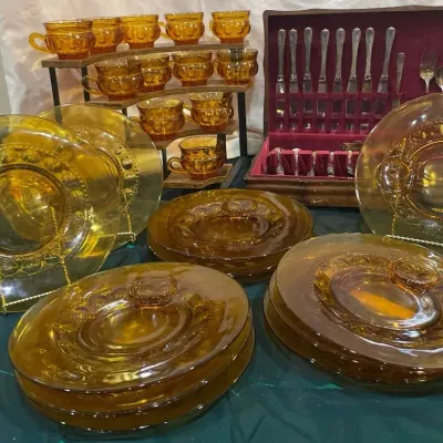Vintage Amber Glass Dinnerware, Cups & Flatware Set