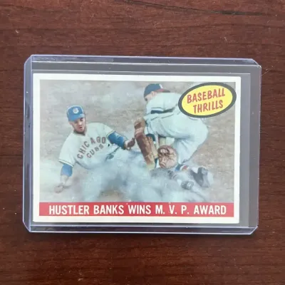 1959 Topps Baseball Card. Ernie Banks - Hustler Banks Wins MVP Award. Card #469