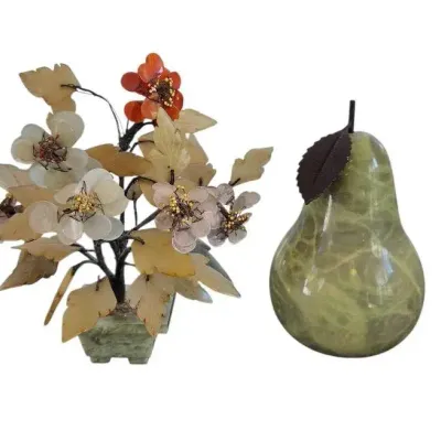 VTG Genuine Alabaster Pear And Chinese Hard Stone Bonsai Tree