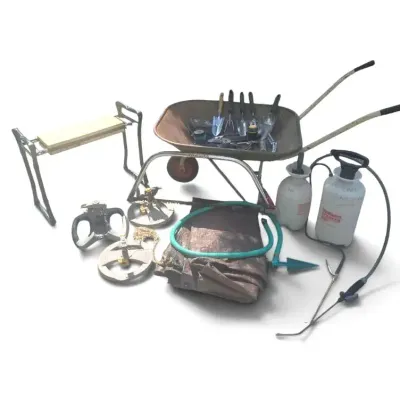 Gardening & Yard Care Lot – Wheelbarrow, Sprayers, Tarp & Hand Tools