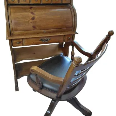 Vintage Wooden Cylinder Roll-Top Desk With Chair