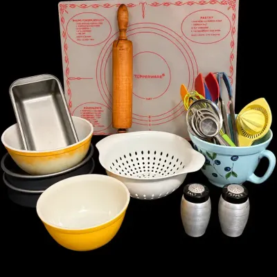 Baking Essentials Featuring A 1960s Era Bright Yellow Pyrex Bowl And Kromex S/P Shakers