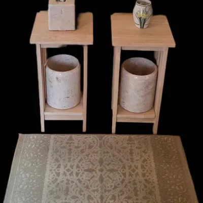 2 Marble Trash Cans And Tissue Dispenser, 2 Side Tables, Rug And Vase