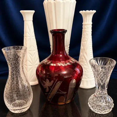Six Vintage Vases Feat. 8” Bohemian Czech Ruby Red Vase
