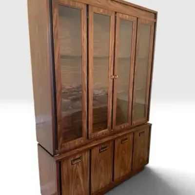 Mid-Century Modern Two-Piece Walnut China Cabinet —Total Height:79.5” Top:55x13x53.5 Bot: 55x15x26