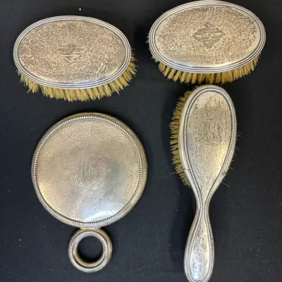 Vintage Sterling Silver Brushes And Mirror