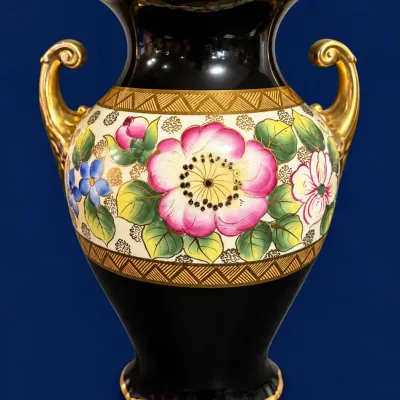 Possible Antique Noritake Two Handled Urn W/ Gold Trim And Painted Flowers