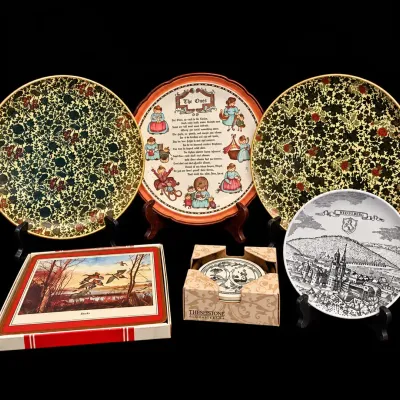 German Ceramic “Die Oma” the grandmother) Platter, 2 Japanese Paper Mache Trays, Bavarian Stuttgart