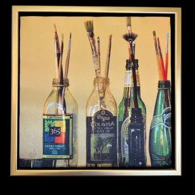 “Five Bottles” Framed Photo On Fabric