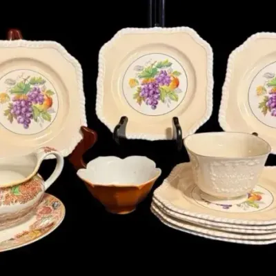 Vintage Johnson Bros. Square Salad Plates (“California”), Lenox Bowl,Orange Lotus Bowl& Enoch Woods