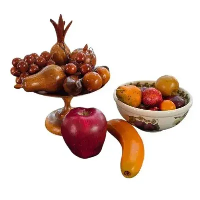 Vintage Hand carved Wood Fruit Bowl And Fruit, Portmirium Pomona Bowl With Plastic Fruit