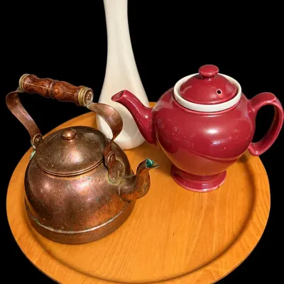 Teapot Elegance- 1 Copper, 1 Ceramic, One White  Vase And Wooden Lazy Susan