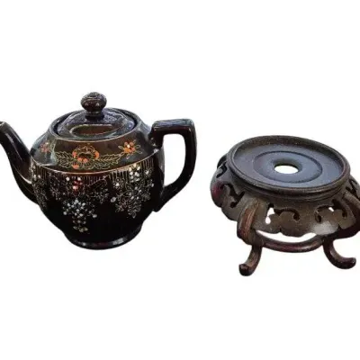 Traditional Wood Asian Display Stand & Vintage Moriage Redware Teapot