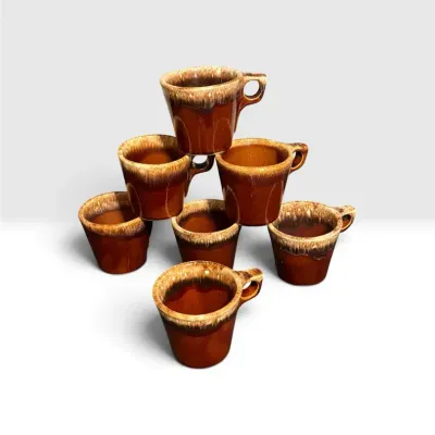 Seven Vintage HULL Brown Drip Glazed Mugs. 3.5 “ Tall