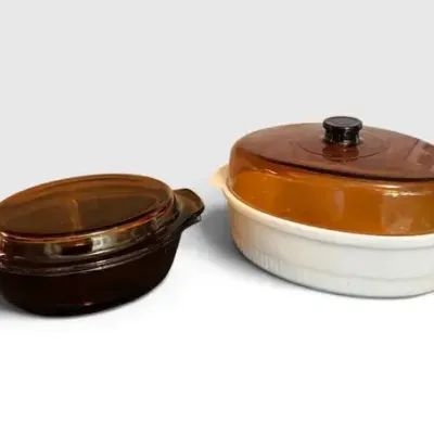 Vintage Anchor Hocking Fire King Dutch Oven (3qt) And Oval Amber Glass Casserole
