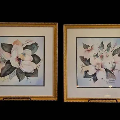 Framed Botanical Print Water Color Style Magnolias- Artist B. Sumrall