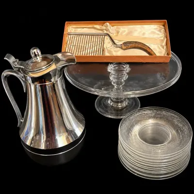 Vintage Antler Handled Cake Breaker W/ Cake Plates And Pedestal And Coffee Carafe