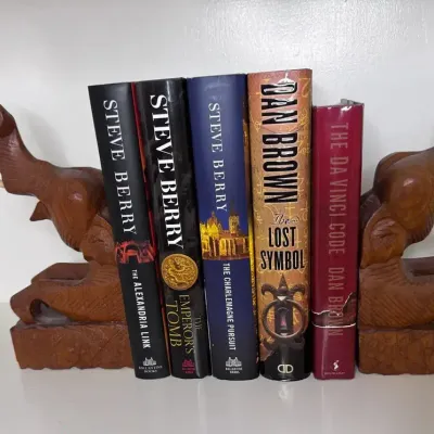 Vintage Hand-carved Wooden Elephant Bookends W/ Bonus Interesting Reads
