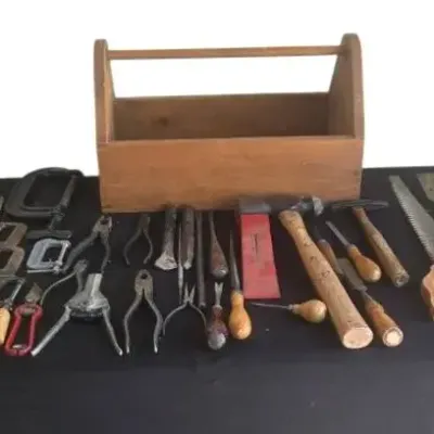 Vintage Woodworking & Hand Tool Lot with Handmade Caddy