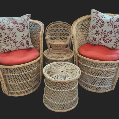 Vintage Boho Rattan Style And Wicker Chairs/Tables Set