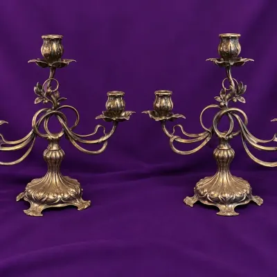 Two Arcoroc Styled Silver Plated Triple Armed Candelabras 