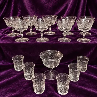 Set Of Vintage Pressed Glass Brandy Snifters And Shot Glasses (Matches MT036DR And MT037DR)