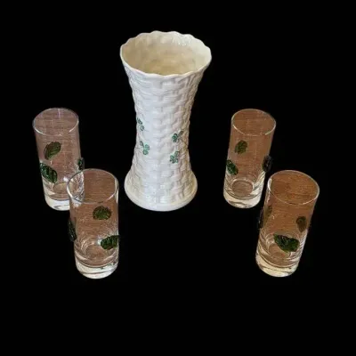 Belleek - Shamrock Vase, Glass Shot Glasses With Glass Leaf Applique 