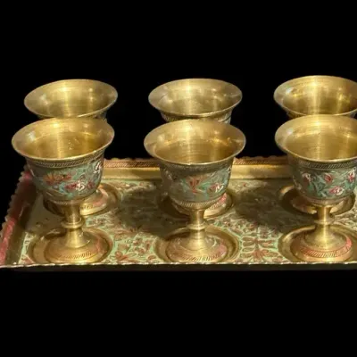 Vintage Brass Mini Goblet And Tray Set W/ Etching And Enameled Decorations