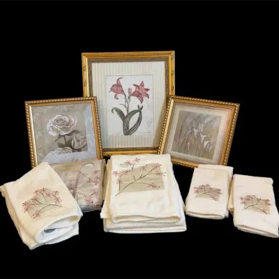 3 Framed Floral Prints & Floral Towels