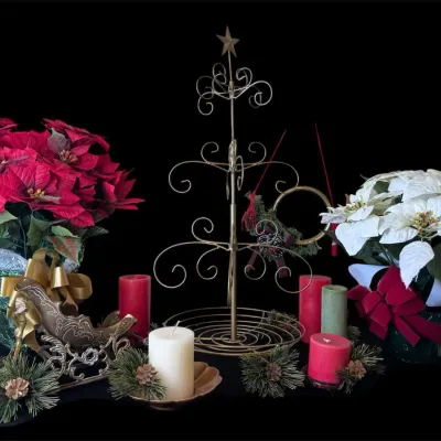 Holiday Decor Featuring Brass Tree, Sleigh And Trumpet Mystery Lot