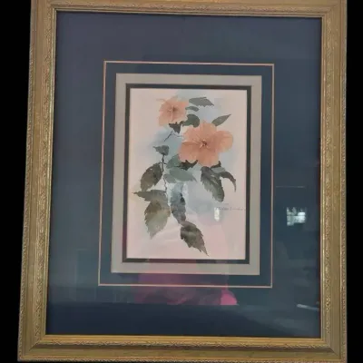 Framed Watercolor Painting Peach Hibiscus- Signed And Numbered 2 Of 2