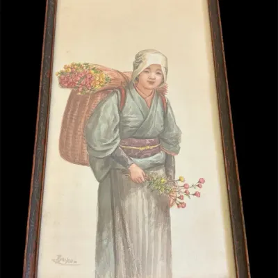 Ryuko Tsutaya Artwork Of Young Japanese Flower Vendor