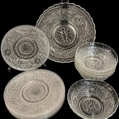 Vintage Anchor Hocking Sandwich Glass Serving  Bowl, 6 Smaller Bowls And 5 Plates