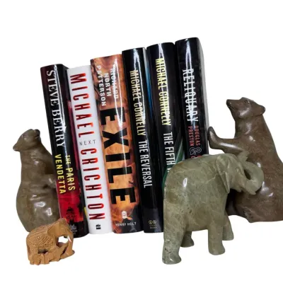 Rustic Brown Bear Bookends, Stone Carved Green Elephant Figurine, Mini Wooden Elephant Figurine