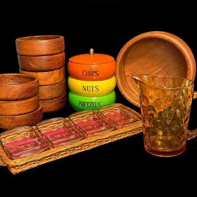 Vintage MCM Stacking Snack Set, Wicker And Glass Snack Tray, 9 Piece Wooden Salad At And Amber Glass