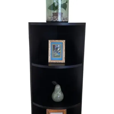 VTG Large Genuine Alabaster Pear, Black Corner Shelf And Framed Art