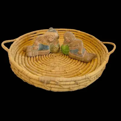 Asian Hand Carved Wood- Good Luck Sleeping Children, Round Shallow Coiled Weave Basket