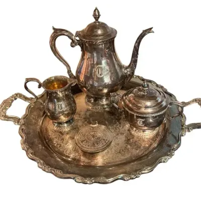 Silverplate Coffee Service (Pot, Sugar Bowl And Creamer),Tray And Circular Tea Box.