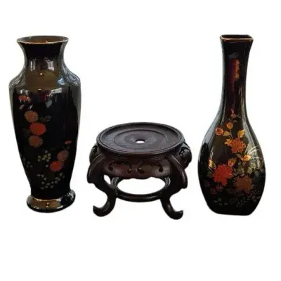 2 Vintage Black Ceramic Vases & Asian Display Stand